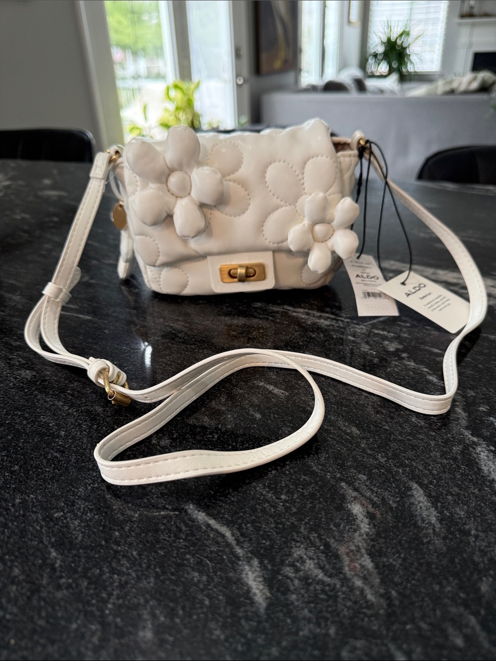 ALDO Cream Quilted Floral Applique Crossbody Bag